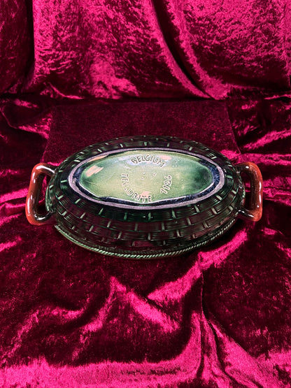 Vintage Ceramic Covered Casserole Dish - Majolica Mushroom Lid Basketweave Belgium Tellurite