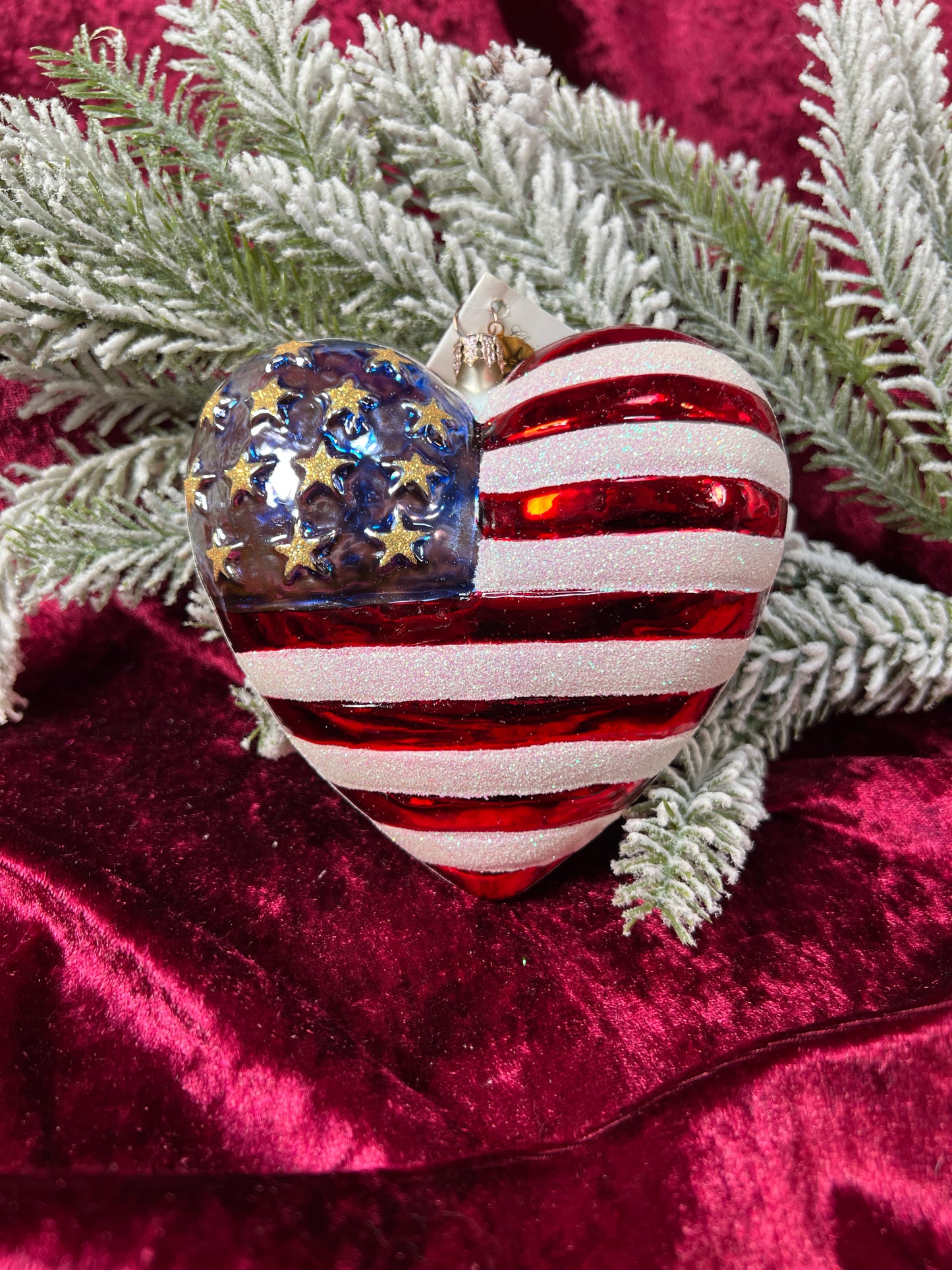 Vintage Christmas - Handblown Glass Ornament - American Flag Heart - Radko / American Red Cross
