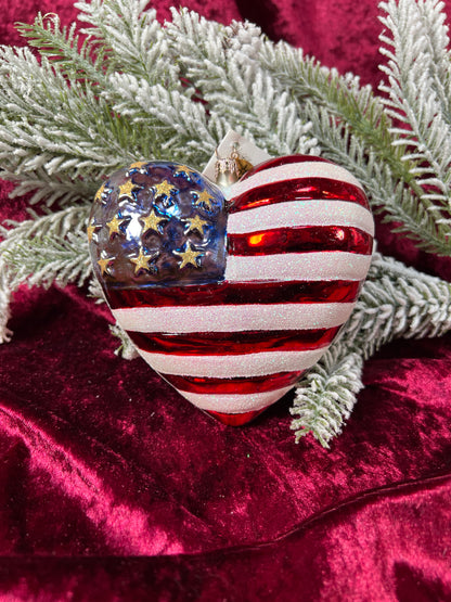 Vintage Christmas - Handblown Glass Ornament - American Flag Heart - Radko / American Red Cross