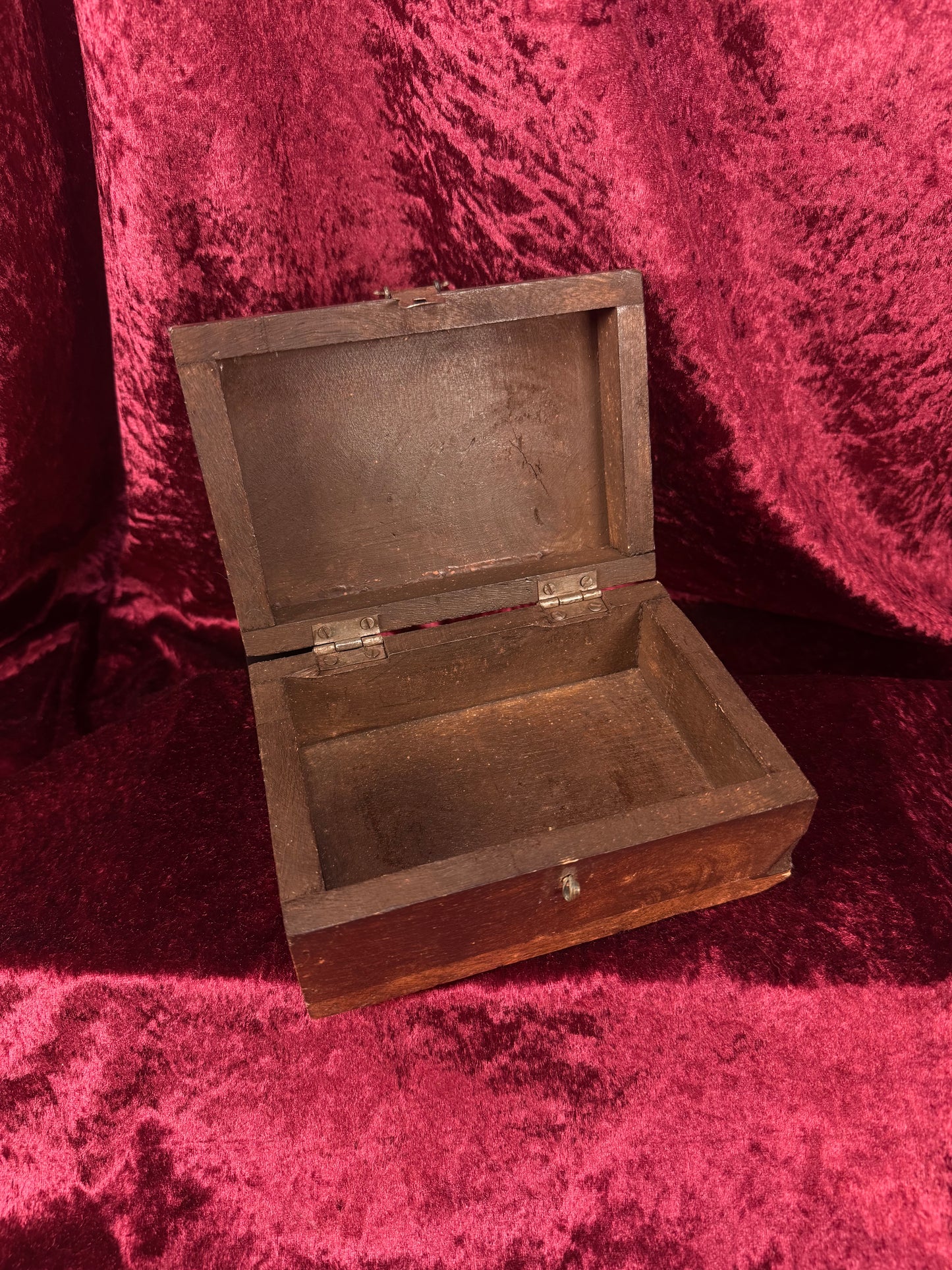 Vintage Dark Wood Trinket Storage Box – Geometric Metal Inlay - Lockable Lid