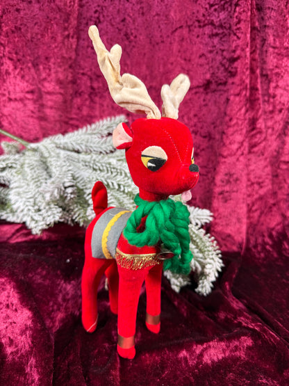 Vintage Christmas - Stuffed Doll - Red Velveteen Reindeer - Japan