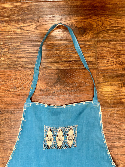 Vintage Cotton Tie Waist Pinafore Apron – Robins Egg Blue Cutwork Lace Embroidery