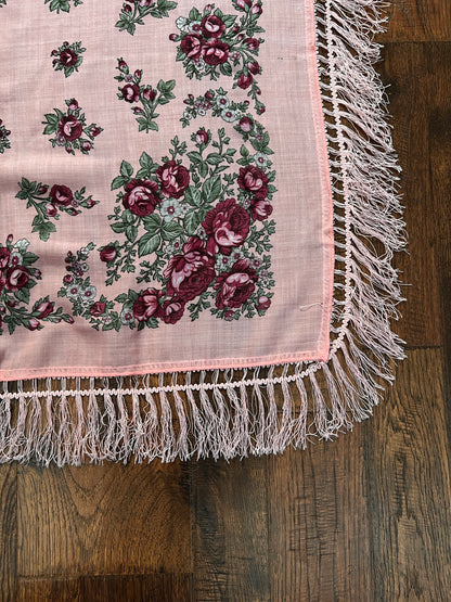 Vintage Kashmir Woole Floral Fringe Scarf - Pink Rose Square Wrap Bohemian Style