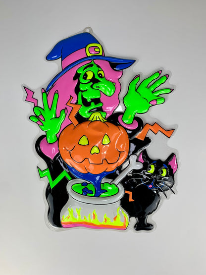 Vintage 1990s Hartin Halloween 3D Vacuform - Neon Witch & Cauldron