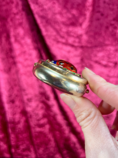 Vintage Vanity - 3-Compartment Pill Box - Gold Tone - Enamel Lid - Lady Bug