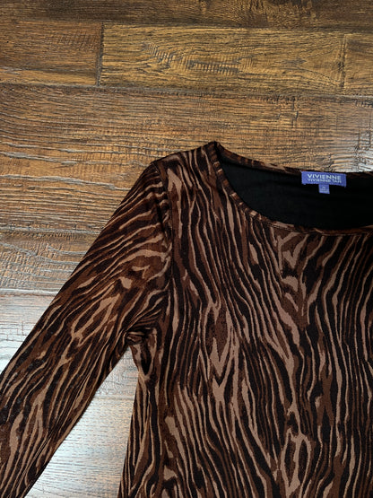 Vintage Vivienne Tam Mesh Long Sleeve Top - Brown Tiger Stripe Layered - Size X-Large