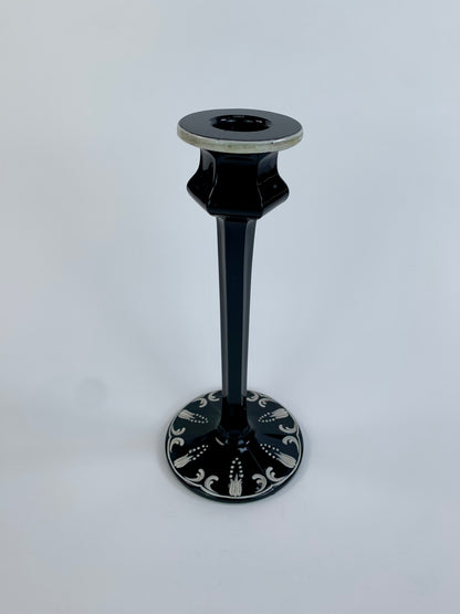 Vintage Hand Painted Black Glass Candlestick Holder - 8 1/4"