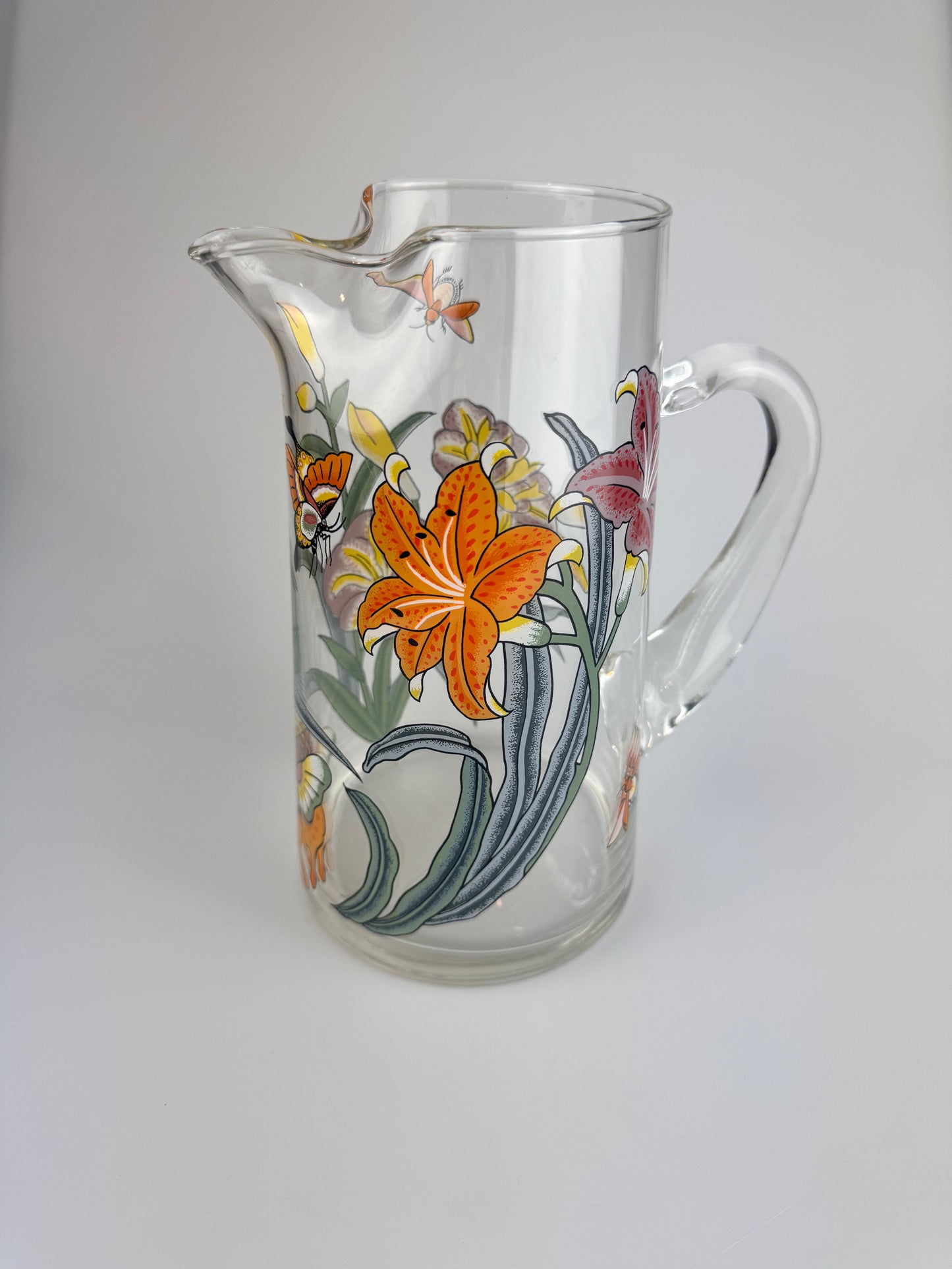 Vintage Clear Juice Pitcher with Lillies and Butterflies - 9" Tall Carafe