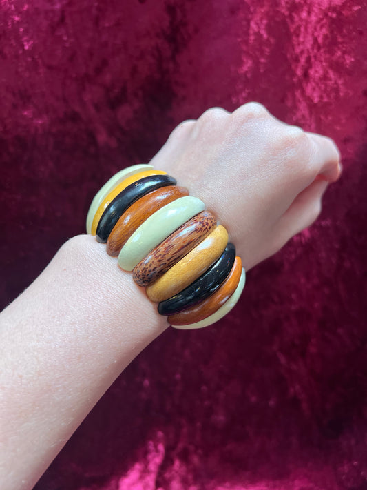 Vintage Jewelry - Elastic Bangle Bracelet - Multi-Tone Wood