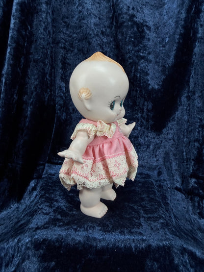 Vintage Bisque Ceramic Kewpie Doll – Posable Figure with Pink Lace Dress