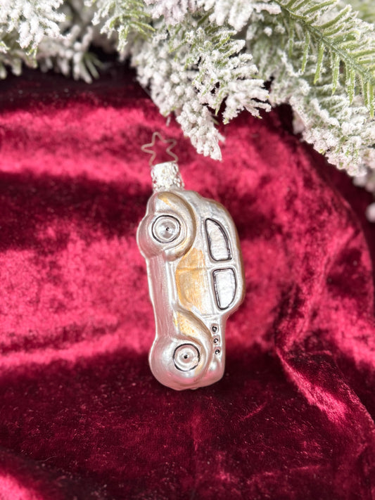 Vintage Christmas - Handblown Glass Ornament - Silver Coupe Car - Inge Glas - Germany