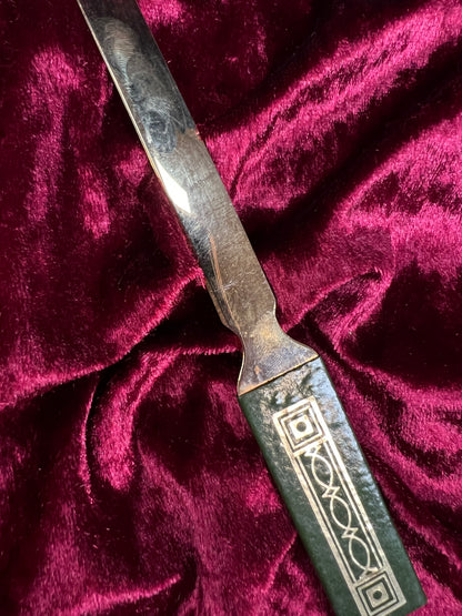 Vintage Brass Letter Opener - Art Deco Green Geometric Handle