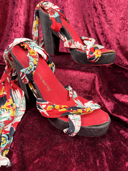 Vintage Saks Fifth Avenue Platform Pin Up Heels – Wood Sole Floral Wrap Tie Sandals