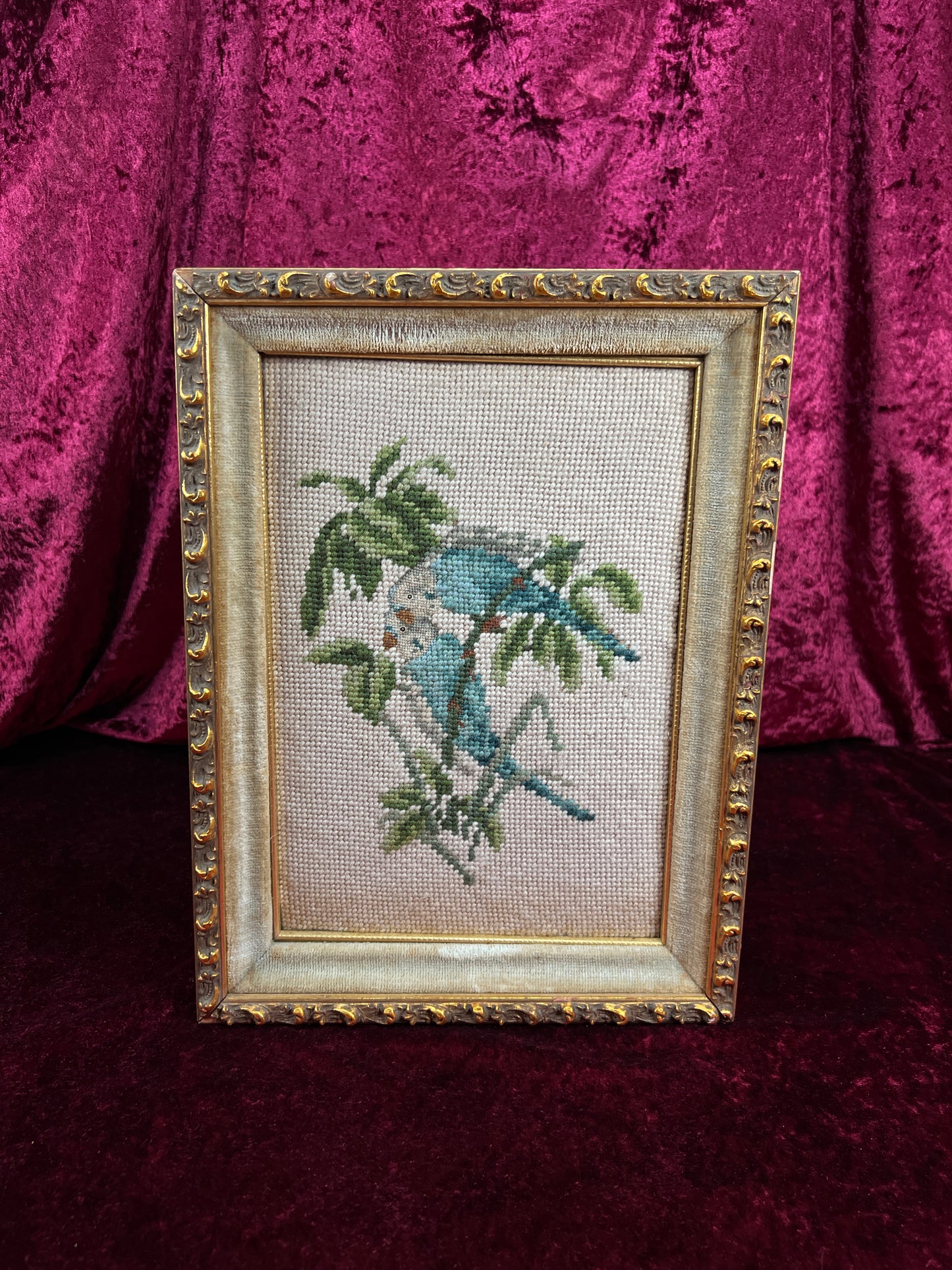 Vintage Framed Needlepoint Wall Art – Blue Parakeet Birds On A Branch