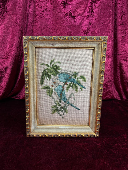 Vintage Framed Needlepoint Wall Art – Blue Parakeet Birds On A Branch