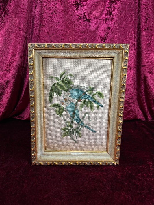 Vintage Framed Needlepoint Wall Art – Blue Parakeet Birds On A Branch