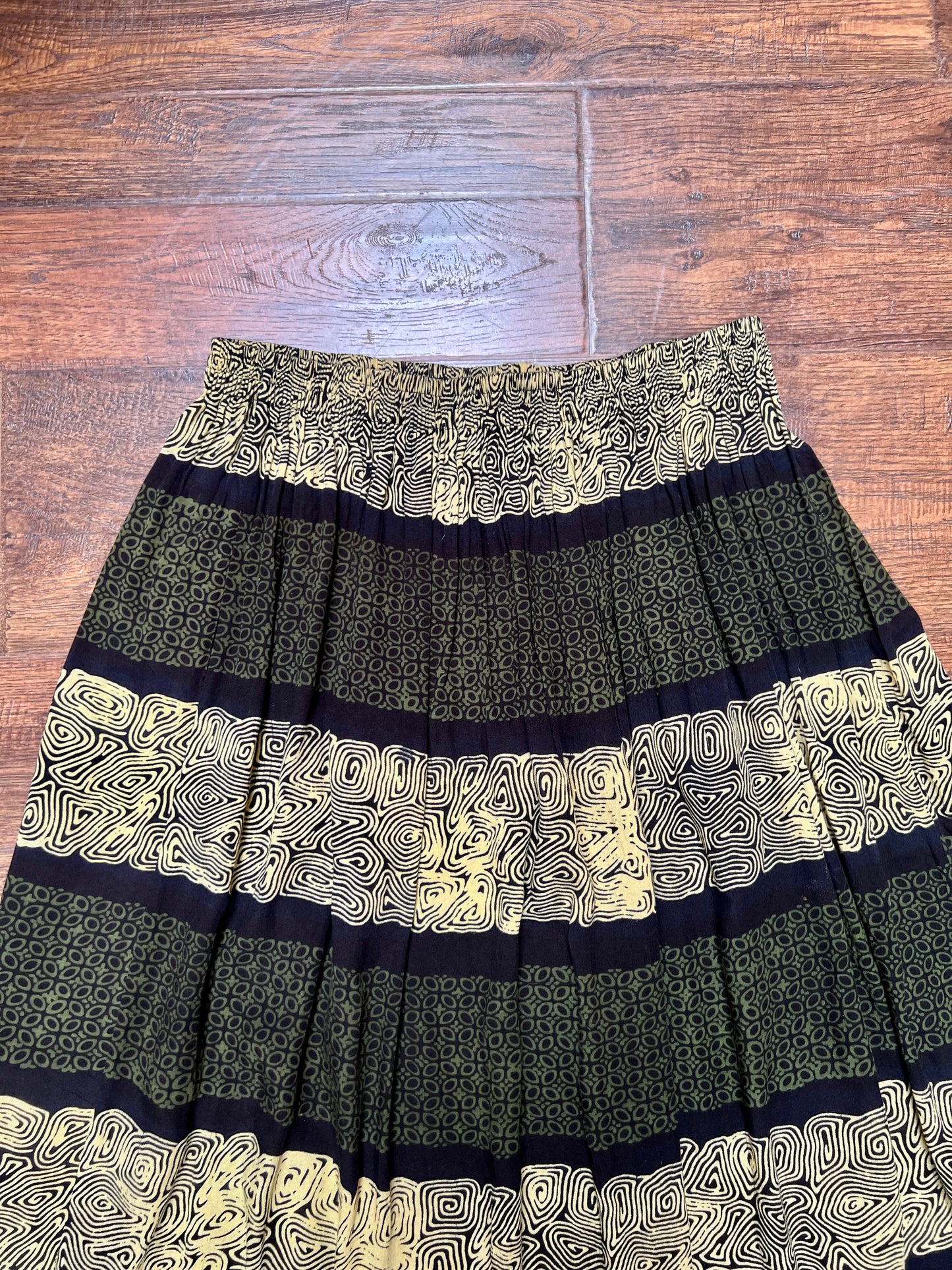 Vintage Gauzy Cotton Blend Full Length Skirt – Tiki Style Pattern with Fringe Hem - Ruby's Moods