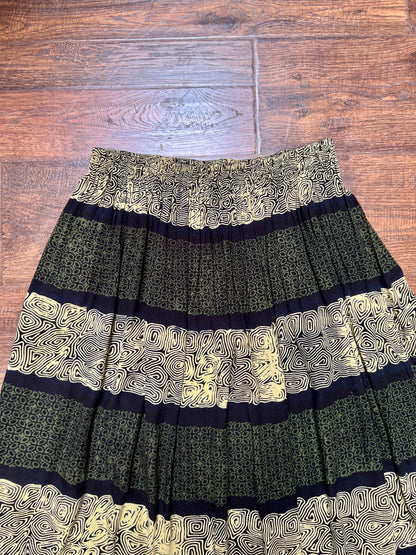 Vintage Gauzy Cotton Blend Full Length Skirt – Tiki Style Pattern with Fringe Hem - Ruby's Moods