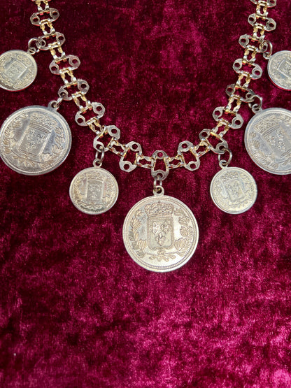 Vintage Jewelry - Reversible Necklace - Gold Tone Republique Francaise Coins - 17.5"