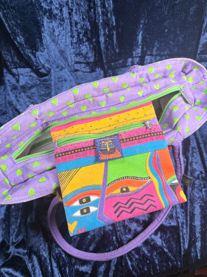 Vintage Canvas Laurel Burch Tote Bag – Kindred Spirits Faces with Purple Handles