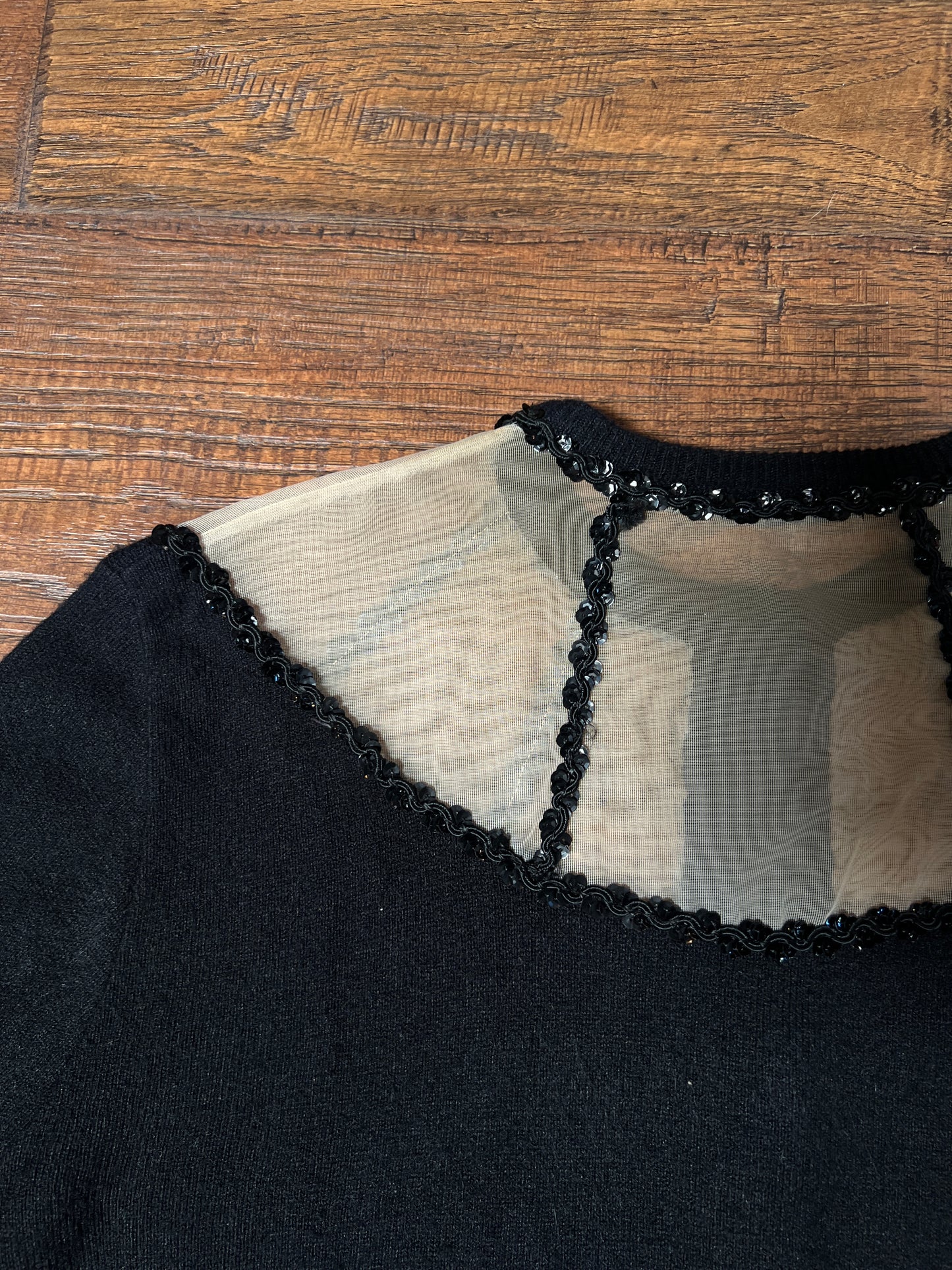 Vintage 1960s Knit Cardigan - Black Sheer Illusion Sequin Yoke with Metal Buttons - Size Medium