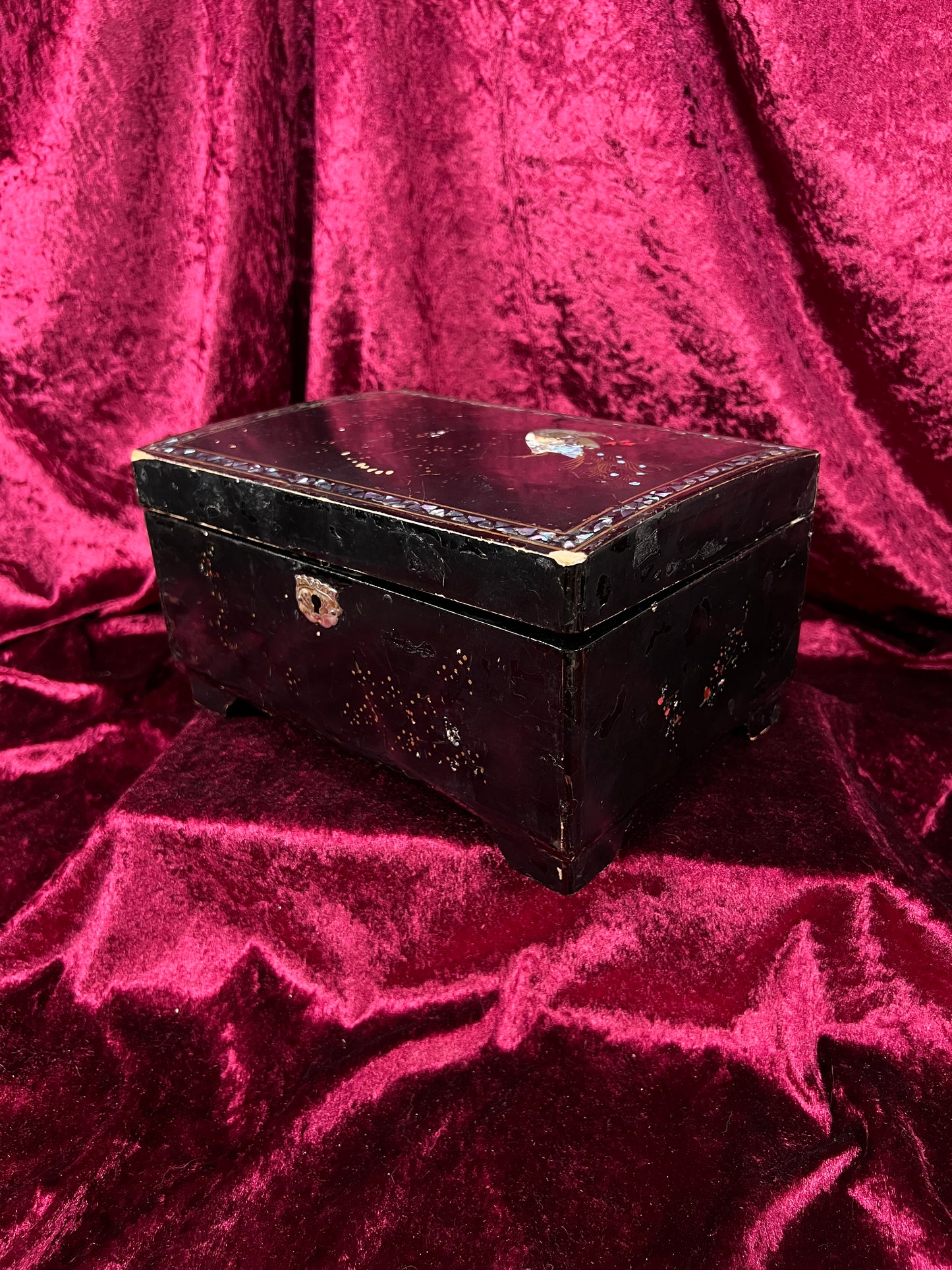 Vintage Black Lacquer Jewelry Box - Mother of Pearl Painted Peacock Vanity Chest