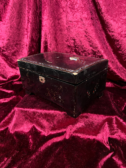 Vintage Black Lacquer Jewelry Box - Mother of Pearl Painted Peacock Vanity Chest