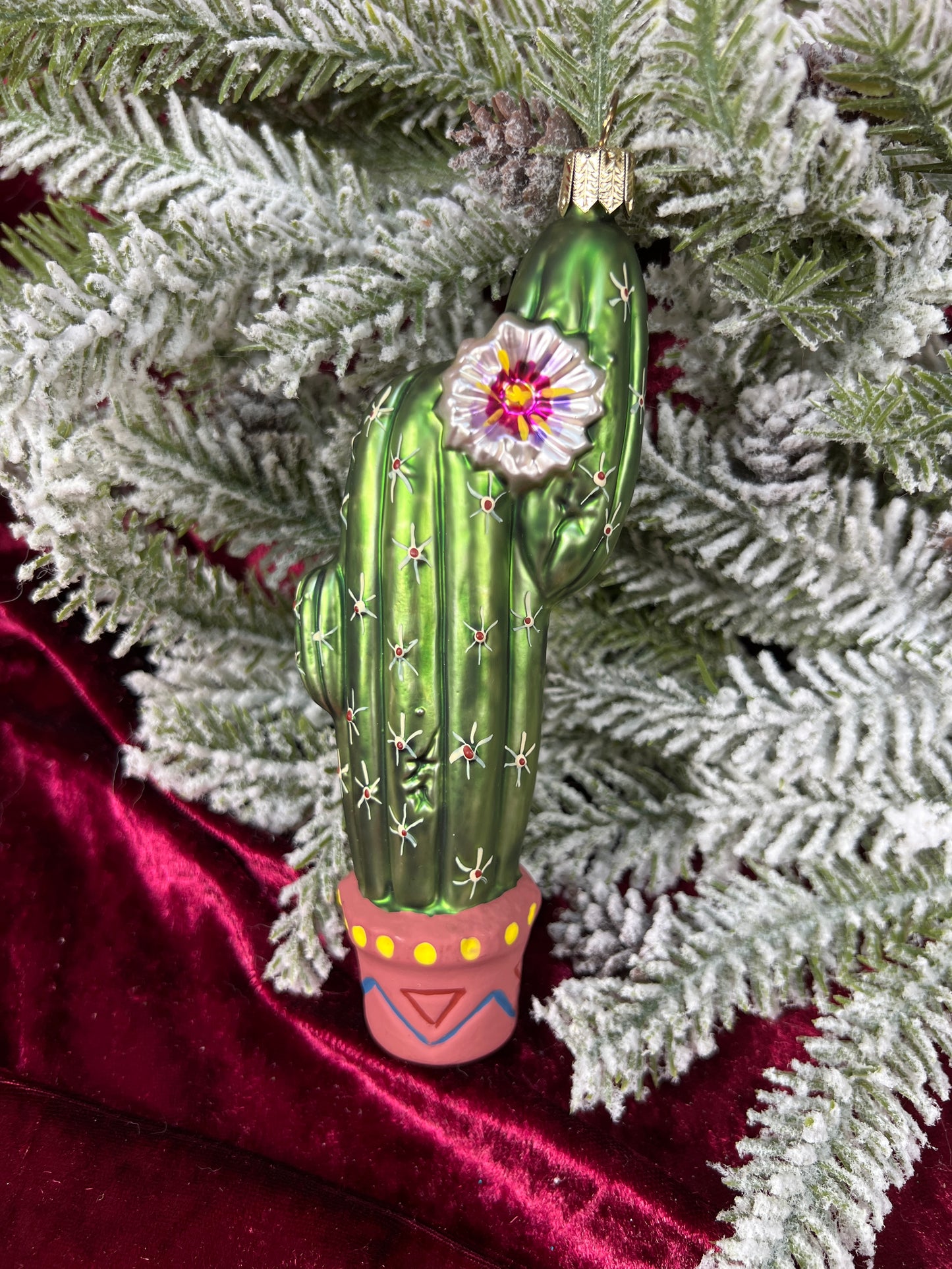 Vintage Christmas - Handblown Glass Ornament - Potted Flowering Cactus - Germany