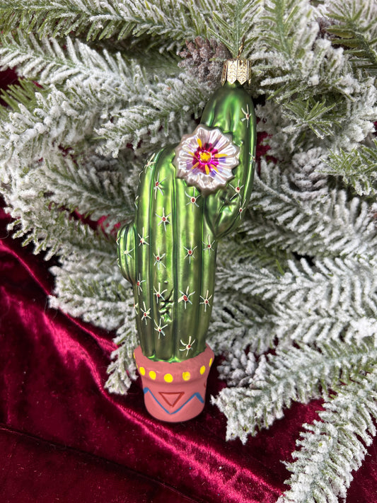 Vintage Christmas - Handblown Glass Ornament - Potted Flowering Cactus - Germany