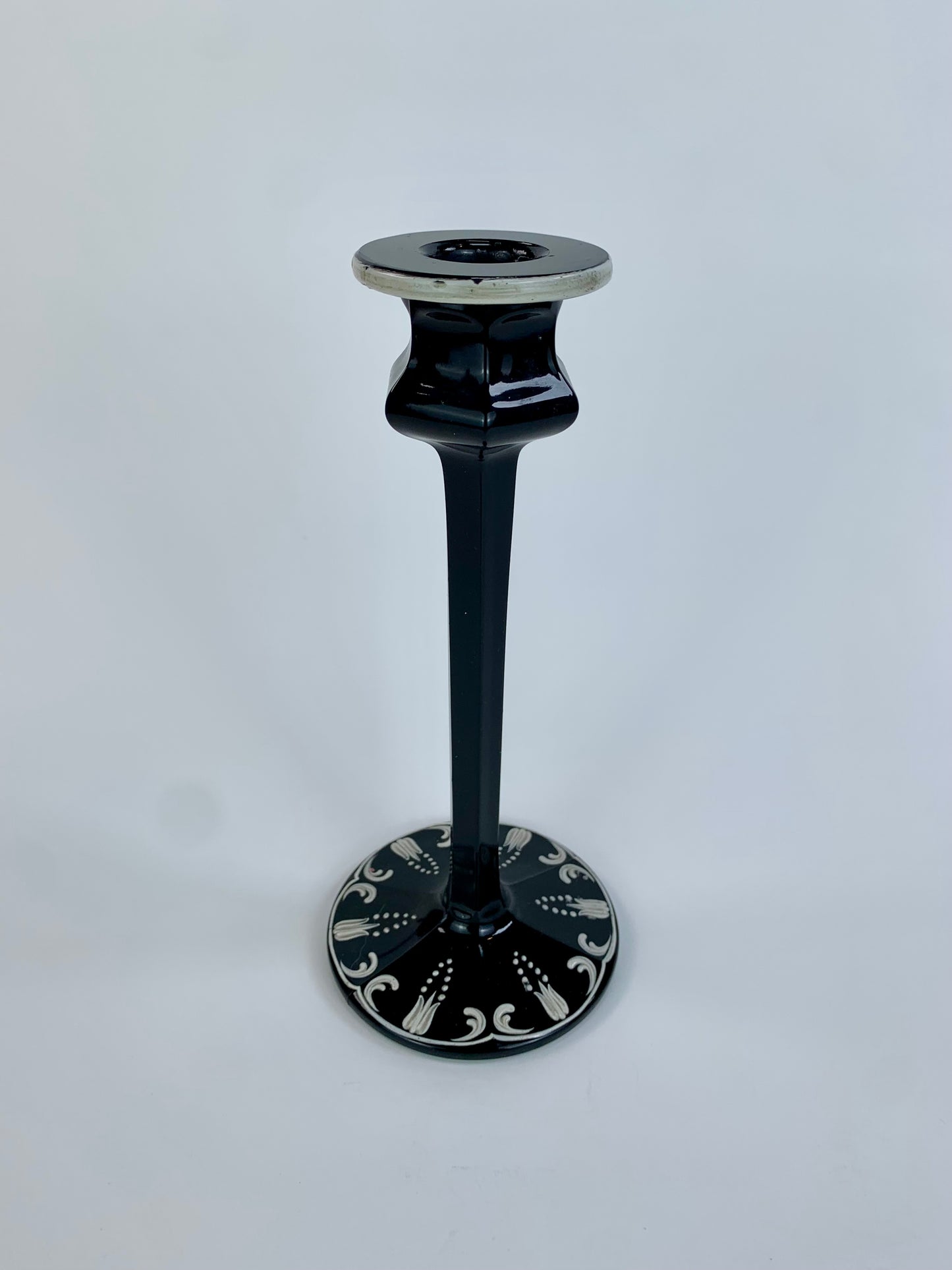 Vintage Hand Painted Black Glass Candlestick Holder - 8 1/4"