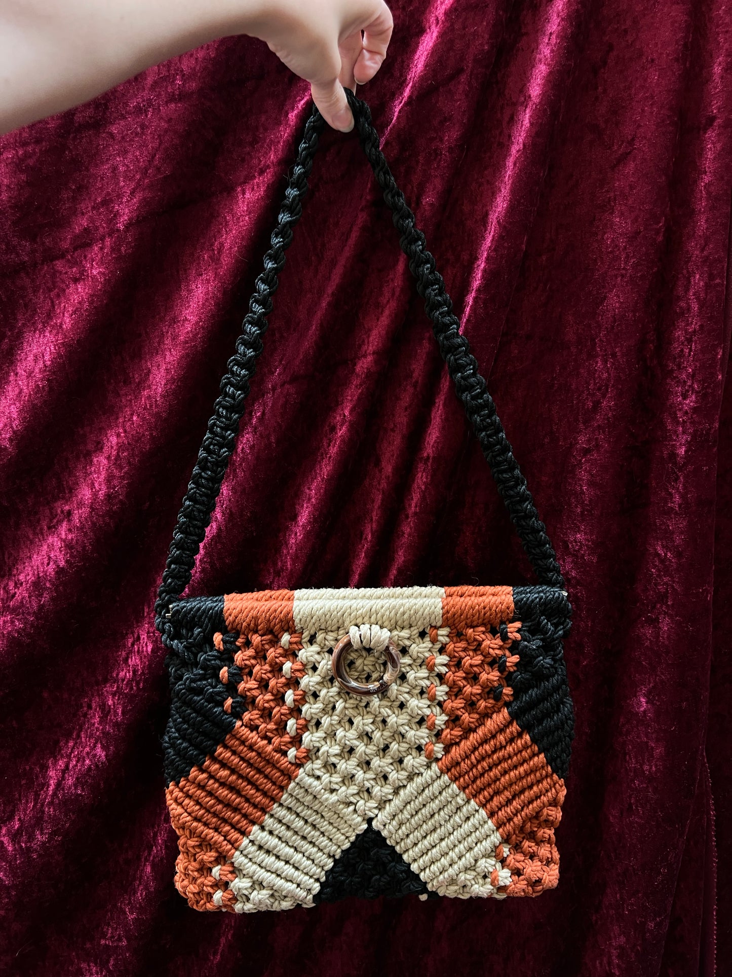 Vintage 1970s Frame Top Macramé Shoulder Bag – Geometric Earth Tones Pattern - Marbella