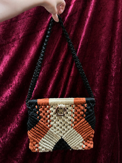 Vintage 1970s Frame Top Macramé Shoulder Bag – Geometric Earth Tones Pattern - Marbella