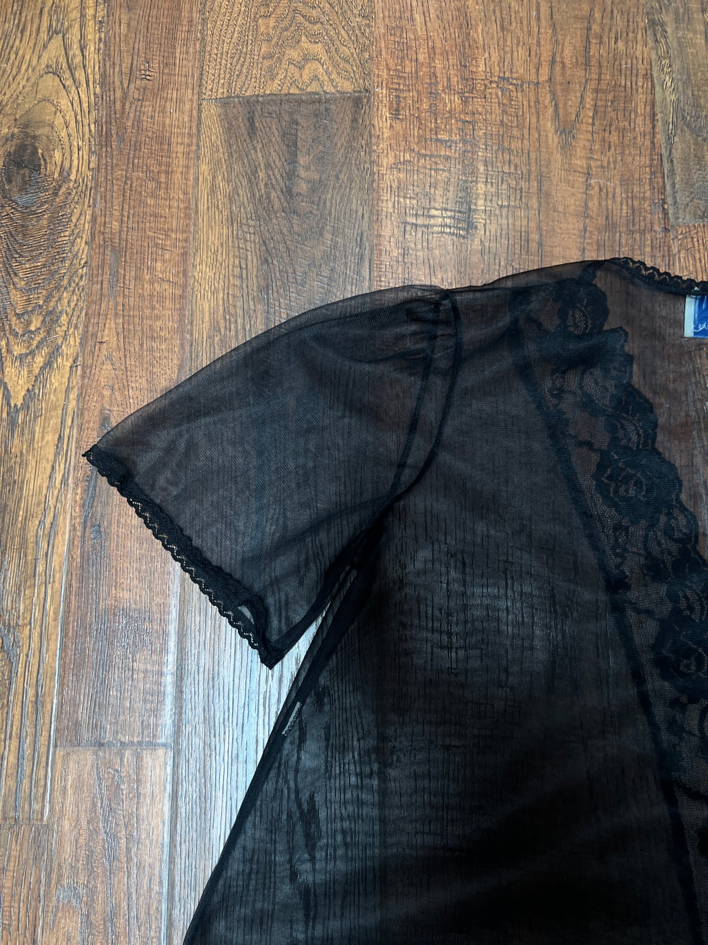 Vintage Night Winks Bed Jacket -  Sheer Black with Floral Lace Open Front - Medium