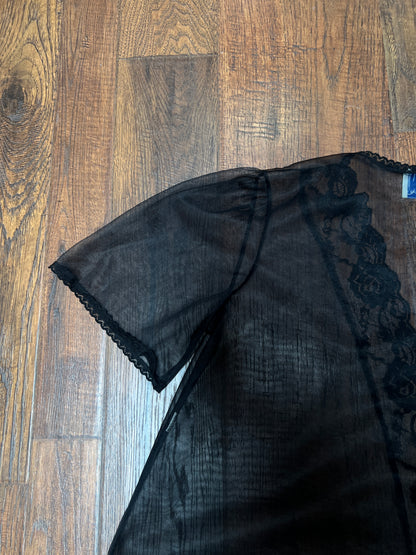 Vintage Night Winks Bed Jacket -  Sheer Black with Floral Lace Open Front - Medium