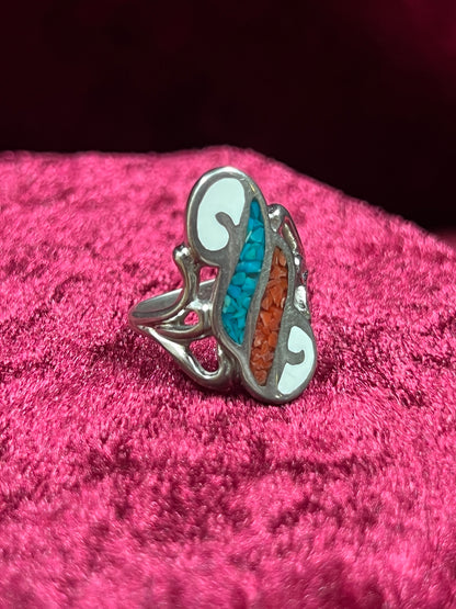 Vintage Jewelry - Ring - Sterling Silver - Turquoise and Coral Chip Inlay - 5
