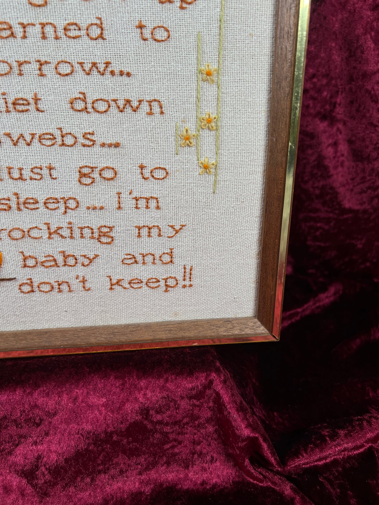 Vintage Framed Crewel Embroidery Wall Art - Babies Don't Keep Needlework - Sunset Designs 1977