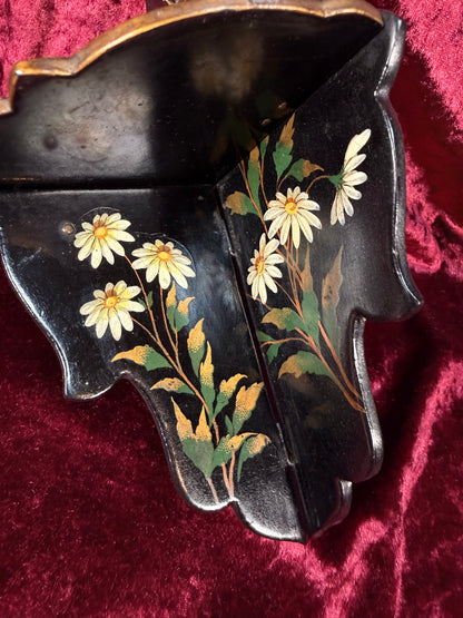 Antique Victorian Papier-Mache Collapsible Wall Shelf – Hand Painted Daisies and Dragonfly on Black Lacquer