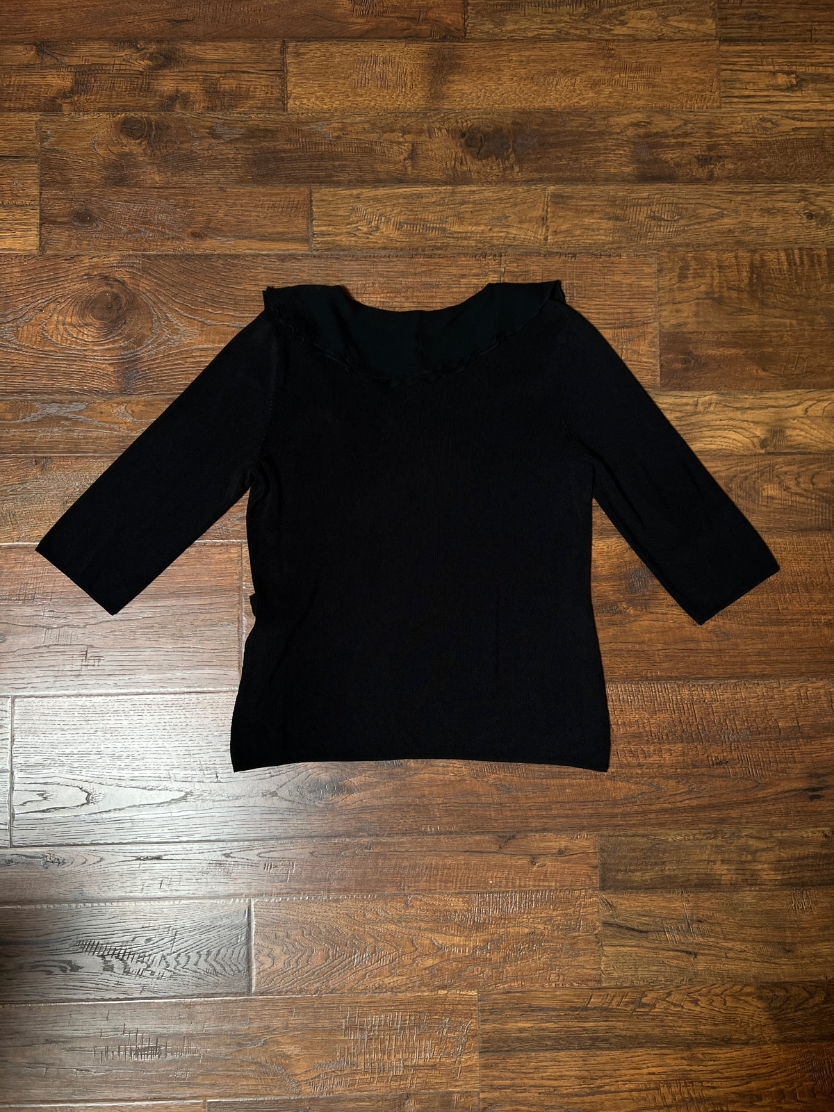 Vintage Cable & Gauge Knit Blouse - Black Ruffle Trim Wrap - Size Large