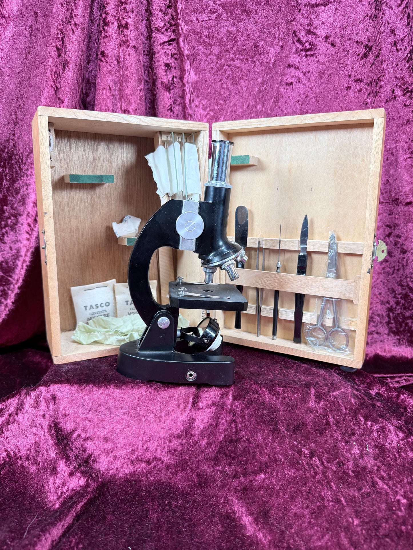 Vintage Tasco Metal Microscope Set – Complete Japanese Student Science Kit with 3 Prepared Slide Collections