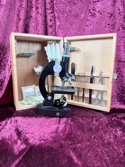 Vintage Tasco Metal Microscope Set – Complete Japanese Student Science Kit with 3 Prepared Slide Collections