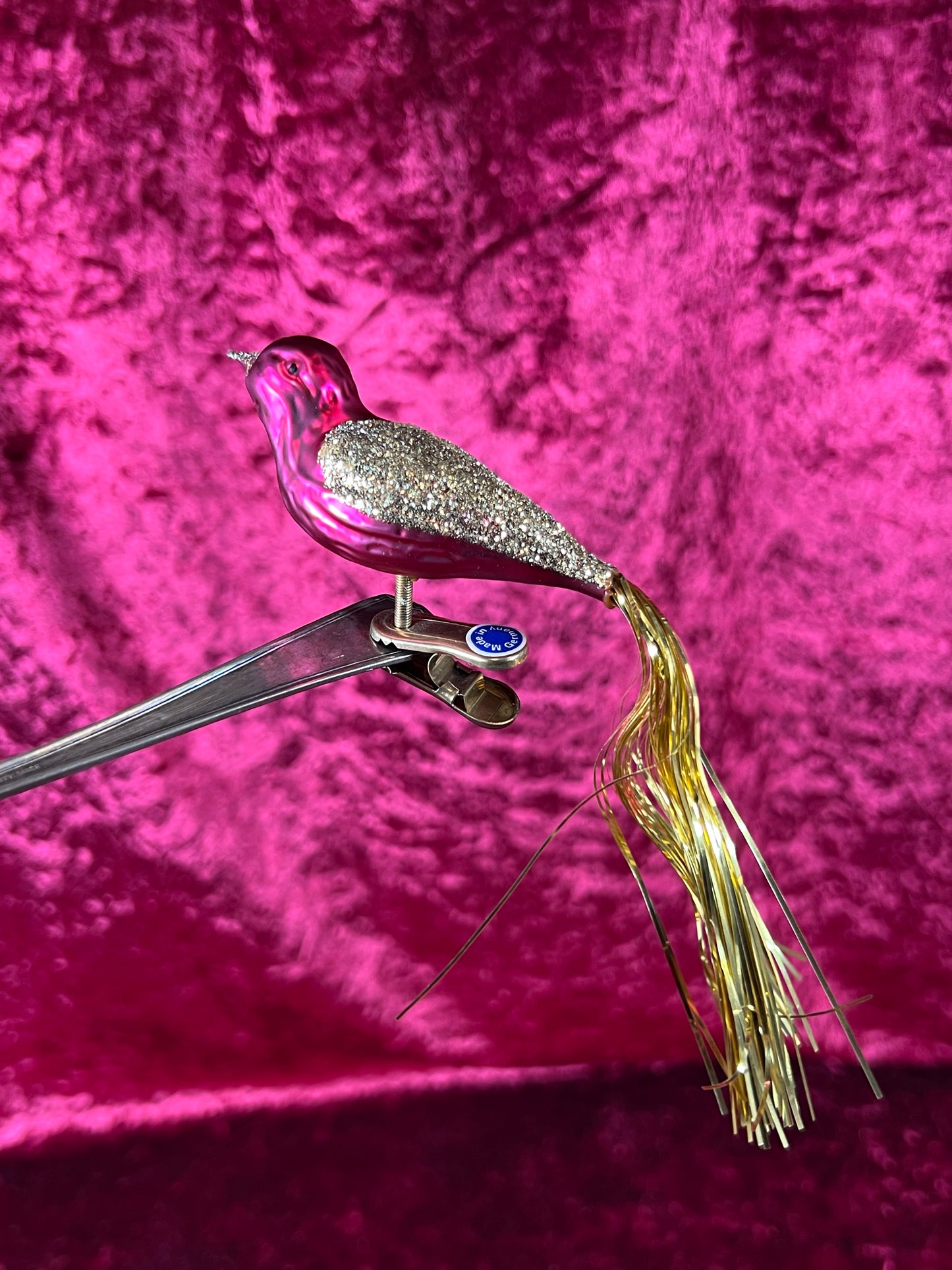 Vintage Christmas - Glass Clip-On Ornament - Burgundy Cardinal with Gold Tinsel Tail - German