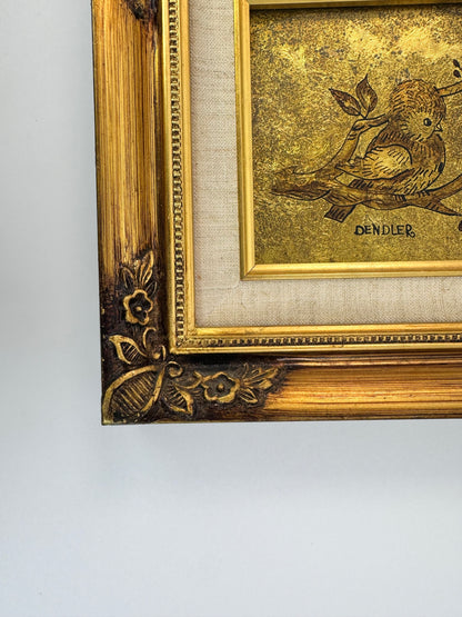 Vintage Framed Art - Gold Leaf Bird on a Branch with Ornate Gilt Frame - DENDLER