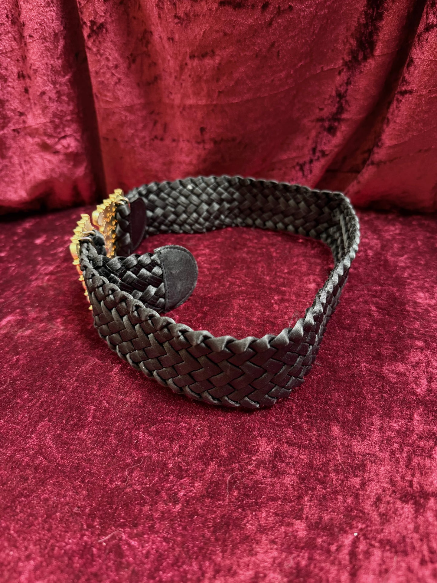 Vintage Accessories - Rainbow Gemstone Belt Buckle on Woven Black Belt - 27”