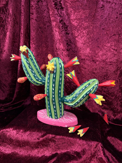 Vintage Wood Alebrije Flowering Saguaro Cactus – Hand Painted Mexican Folk Art - Ignacio Ojeda
