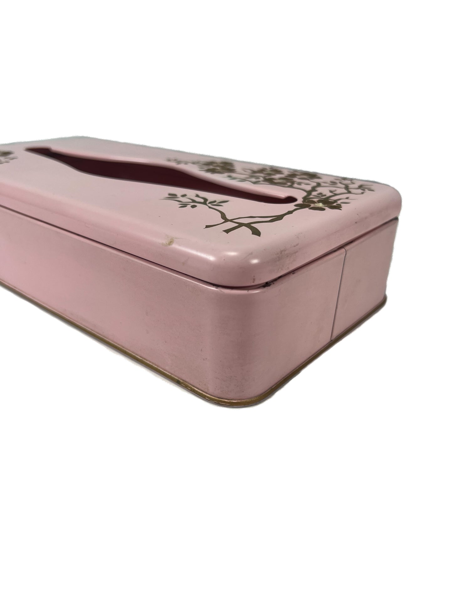 Vintage Home Decor - Tissue Box Holder - Powder Pink Metal - Painted Gold Floral Tree Branch