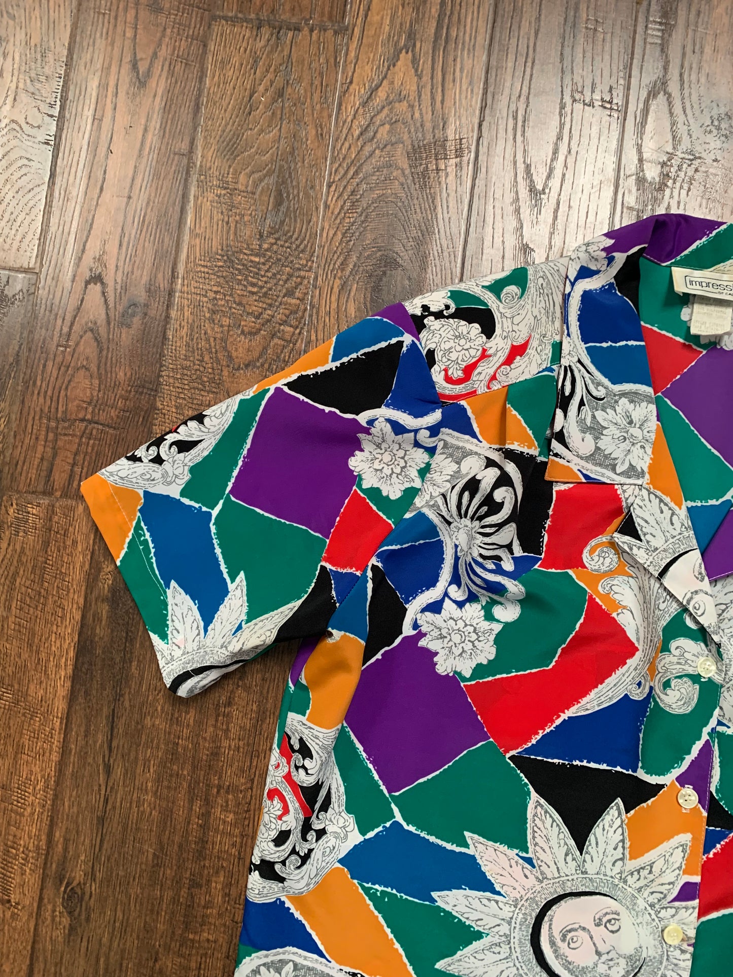 Vintage Clothing - Short Sleeve Button Up - Jewel Tone Kaleidoscope with Sun Faces - Impressions of California - Medium