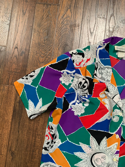 Vintage Clothing - Short Sleeve Button Up - Jewel Tone Kaleidoscope with Sun Faces - Impressions of California - Medium