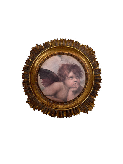 Vintage Wall Art - "Pensive Putto" - Print in Baroque Gilt Fresco Circle Frame - 5x5"