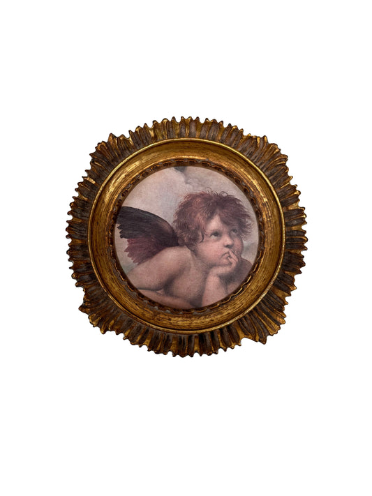 Vintage Wall Art - "Pensive Putto" - Print in Baroque Gilt Fresco Circle Frame - 5x5"
