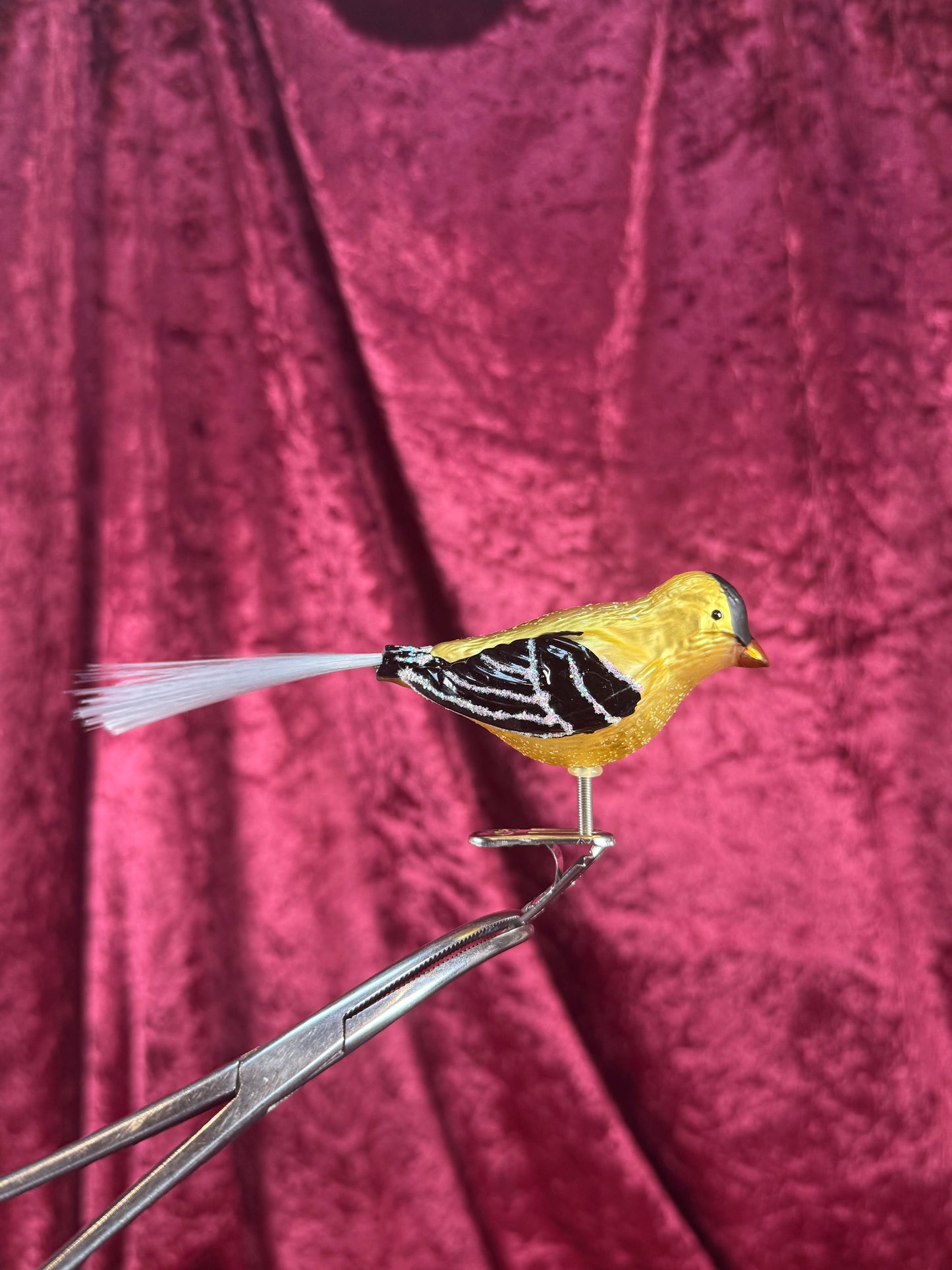Vintage Christmas - Handblown Glass Clip On Ornament - Yellow Chickadee with Nylon Hair Tail